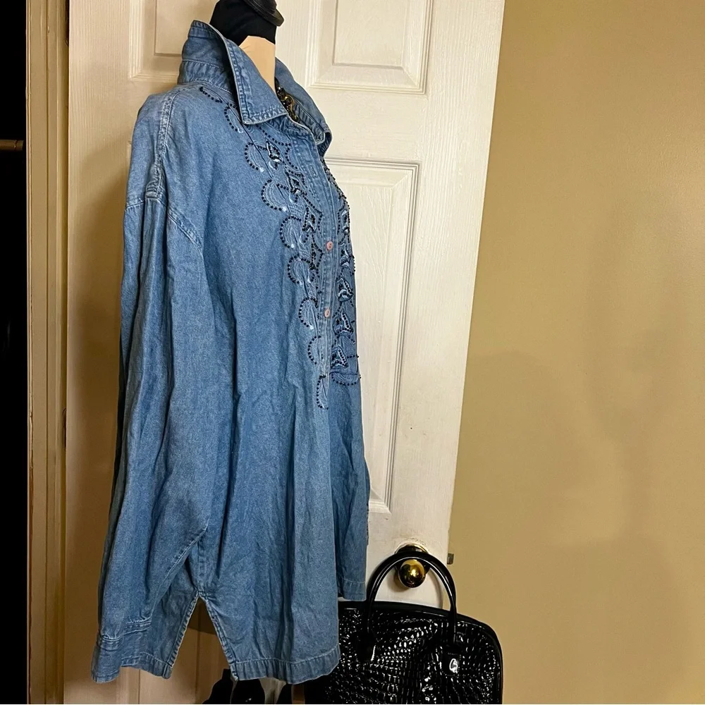 Wms Vtg 90s Cotton Denim Beaded Embroidered Plus Size‎ Casual Boho Shirt Blue 4X